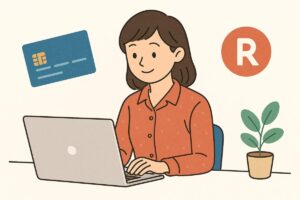 ノートPCで宿泊予約をする女性のイラスト