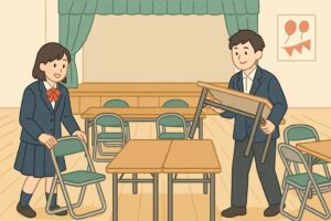 体育館に並べられた長机と椅子、イベント準備をしている学生のイラスト