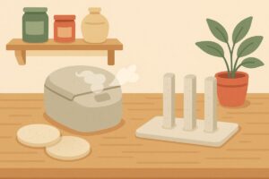 ニトリの珪藻土グッズ（コースター・トレー・スティック）を並べたイメージ