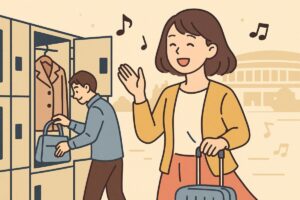 ロッカーに荷物を預けて身軽になる女性のイラスト