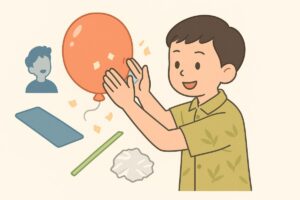 風船や下敷き、アルミホイルやストローを使って静電気を発生させる実験シーンのイラスト