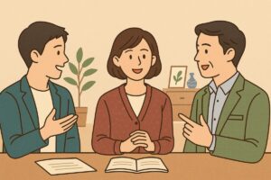 異なる呼び方（ご子息・お子さん）を使い分ける人々のイラスト