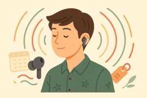 イヤホンから音が前後左右に広がるイメージ。人物が音に包まれている様子。