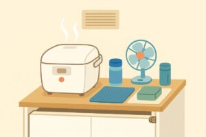 炊飯器の設置場所を工夫し、湿気対策をしているイメージイラスト