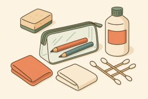 布巾やスポンジ、綿棒など掃除道具を並べたイラスト