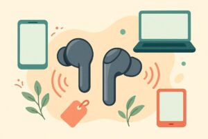 複数デバイス（スマホ・PC・タブレット）に接続されるイヤホンのイメージ。