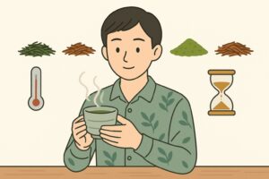 様々な茶葉と抽出道具を描いたイラスト