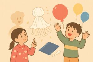 ティッシュのクラゲを浮かせたり、風船で遊ぶ子どもたちの実験風景のイラスト