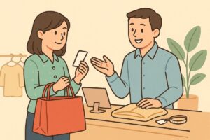 H&Mで返品交換を相談する女性と店員のイラスト