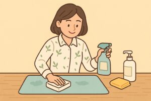 透明フィルムを敷いてデスクマットを保護しているイラスト