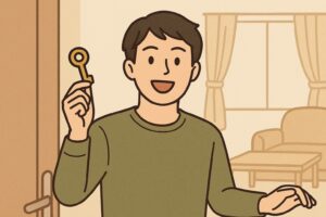 新しい生活の始まりを鍵を手に表現する男性のイラスト