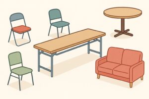 長机、椅子、ソファ、会議テーブルなどの家具が並ぶイラスト