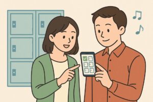 スマートフォンでロッカーの空き状況を調べる人のイラスト