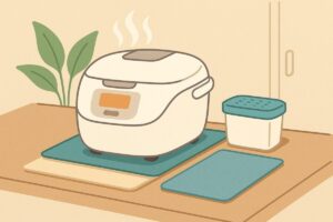 炊飯器の下にマットやシートを敷き、周囲に除湿剤を置いている実践風景イラスト