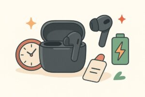 充電ケースと長時間再生を象徴する時計や稲妻マークを組み合わせたイメージ。