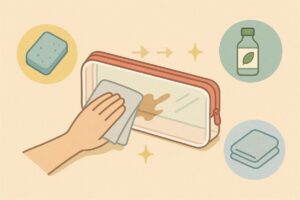 ビニール筆箱を順序立てて掃除している工程を示すイラスト