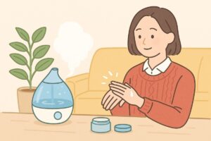 冬の乾燥した部屋で加湿器や保湿クリームを使って静電気を防ぐ様子のイラスト