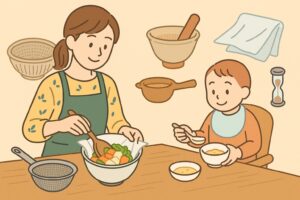 家庭料理に役立つ代用アイテムを使う場面のイラスト
