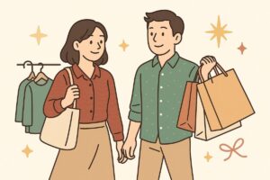 H&Mで買い物を楽しんだ後に歩く男女のイラスト