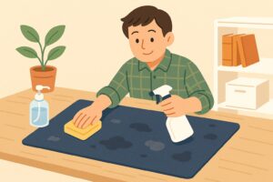 掃除道具を用意してデスクマットを清掃しているイラスト