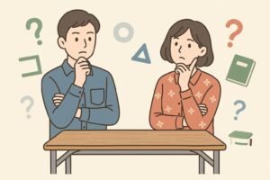 助数詞を考えて悩む男女が長机の前で首をかしげるイラスト