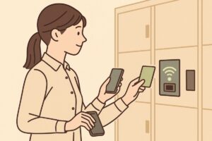 ロッカーの料金をICカードやスマホで支払う人のイラスト