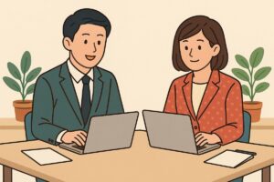ビジネスメールを丁寧に書く人物のイラスト