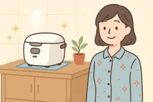 炊飯器の蒸気対策をした後、家具や壁が清潔に保たれた様子を表すイラスト