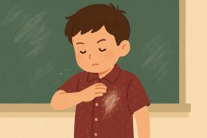 黒板前で服を払う男の子のイラスト