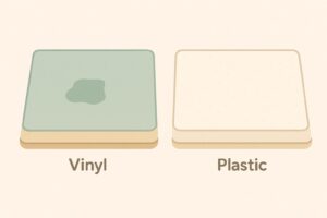 ビニール製と樹脂製のデスクマットを並べて比較しているイラスト