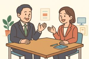 ビジネスシーンで長机を前に会話する男女が笑顔で話すイラスト