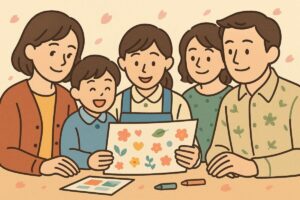メッセージカードを囲んで感想を共有する保護者や先生のイメージイラスト