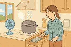 炊飯器を換気の良い場所に設置し湿気を逃がす工夫をしたキッチン