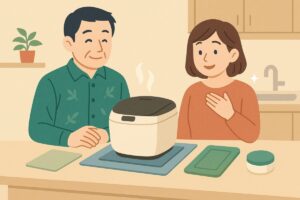 蒸気対策グッズを使って快適に料理を楽しむ家族のイメージイラスト