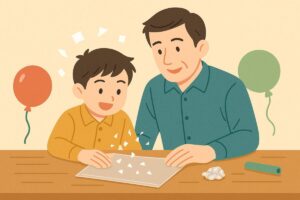 子どもと大人が一緒にクリアファイルを使って静電気実験を楽しむ様子のイラスト