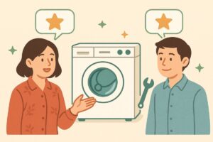 洗濯機ベルト交換に関するユーザーレビューや体験談をイメージ化したイラスト