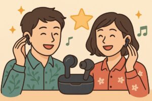 イヤホンを使う男女ユーザーが笑顔でリスニングしているシーン。