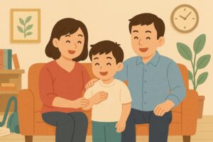 家族がきれいな部屋で過ごすイラスト