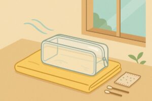 風通しの良い場所で乾かしているビニール筆箱のイラスト