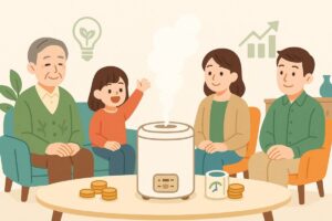 EE-DE50で快適に過ごす家族と電気代節約の未来をイメージしたイラスト