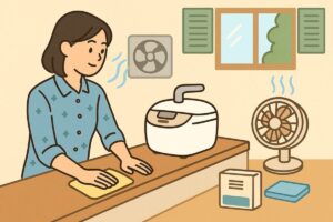 拭き掃除・換気・除湿器など日々の蒸気対策を組み合わせる様子
