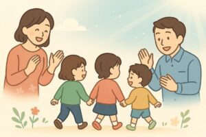 退園後の子どもたちを応援する保護者と先生のイメージイラスト