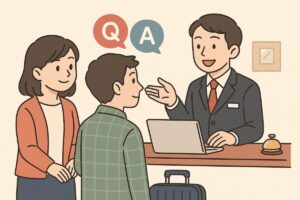 ホテルでスタッフに相談する旅行者のイラスト