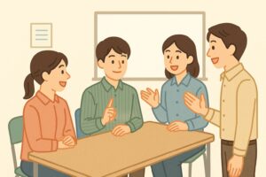 長机の前で頷く人物が、周囲の人と笑顔で交流しているイラスト