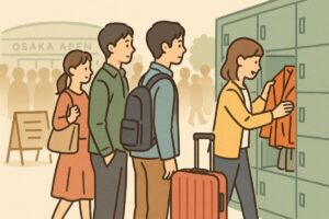 イベント時にロッカーが混雑する様子のイラスト