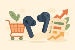 ショッピングカートやランキング表とイヤホンを組み合わせたイラスト。