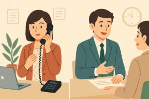 電話や会議で会話するビジネスパーソンのイラスト