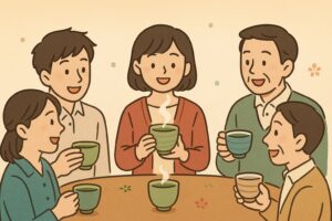 お茶を囲んで便利ワザを共有するイメージのイラスト
