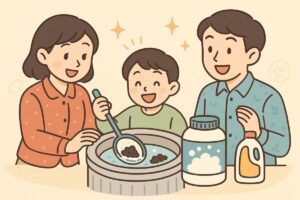 家族や人々が掃除効果に驚き、喜んでいる様子を描いたイラスト