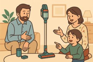 PKV-BK3LとBK3Kのどちらを選ぶか家族で話し合うイラスト